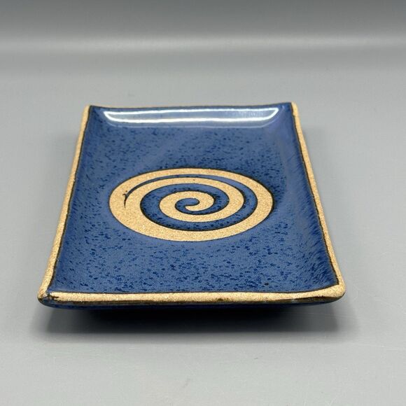 Art Studio Blue Rectanglar Tray Plate Spiral Glazed & Unglazed Vanity 8.5" L - Picture 3 of 6